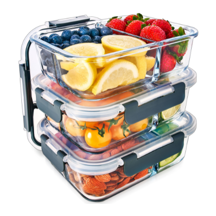 essen aufbewahrung glas 3-Compartment Glass Containers with Airtight Lids - 980ml