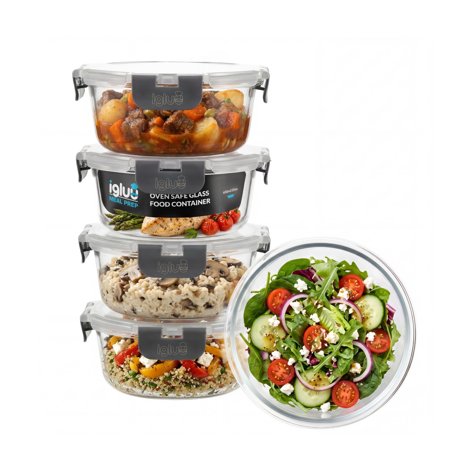 Round Glass Food Storage Containers with Airtight Lids - 650 ml - 5 Pack