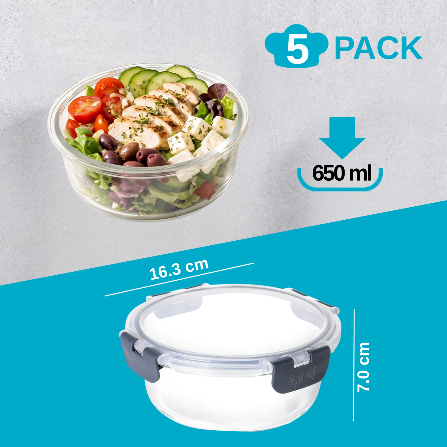 Round Glass Food Storage Containers with Airtight Lids - 650 ml - 5 Pack