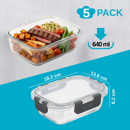 Glass Food Storage Containers with Airtight Lids - 640ml - 5 Pack