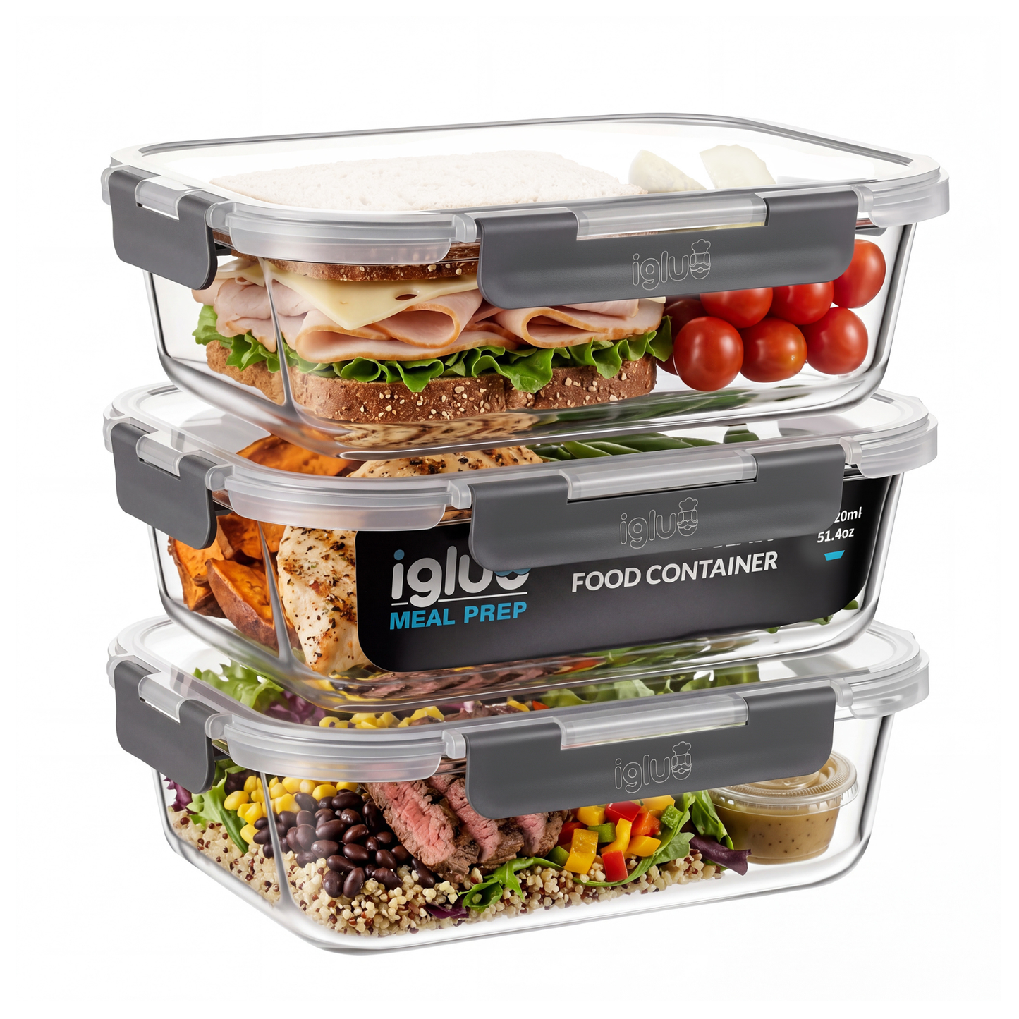 Glass Food Storage Containers with Airtight Lids - 1520ml - 3 Pack