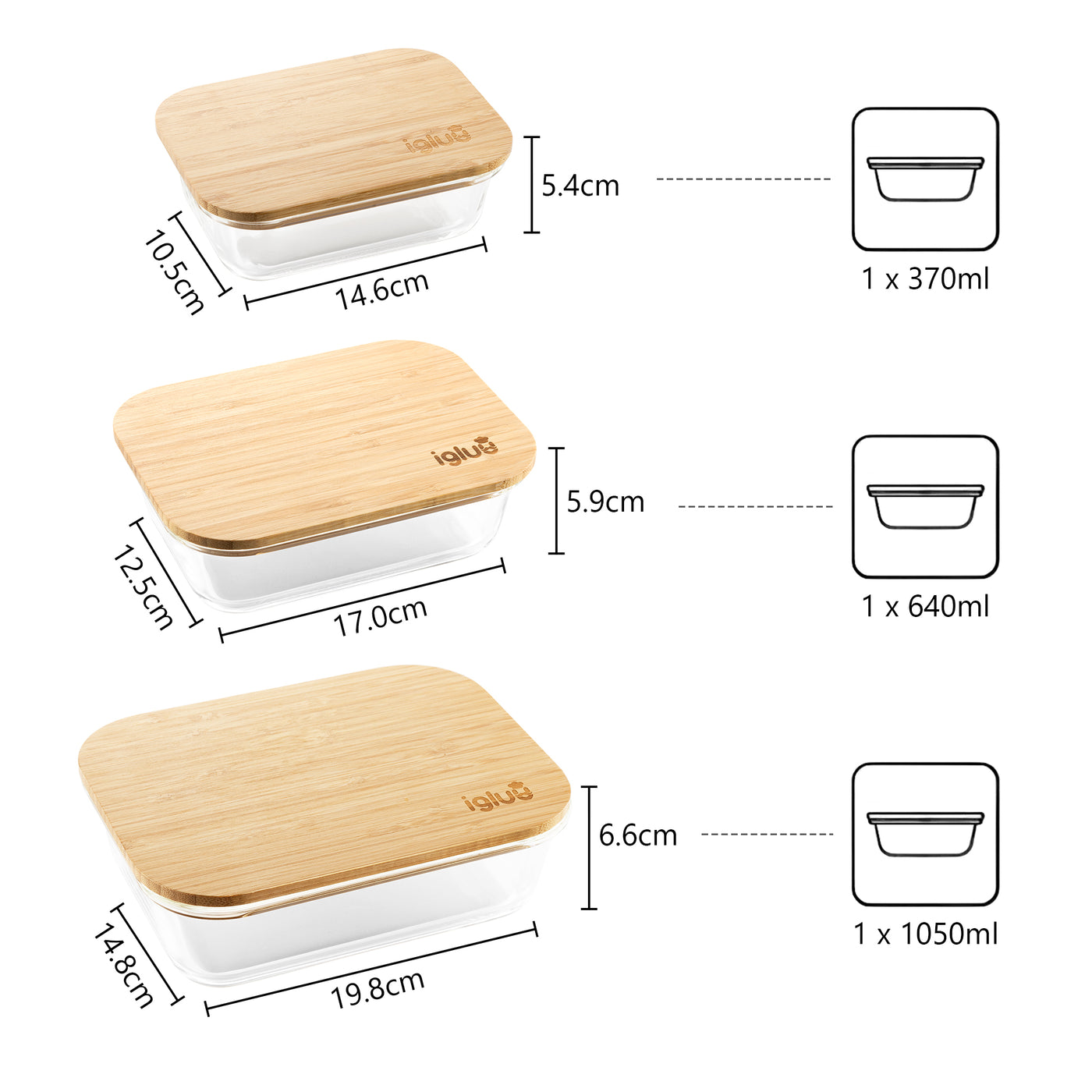 Igluu Meal Prep Glas Lebensmittel Frischhaltedosen (3er Set), Umweltfreundliche Lebensmittelbehälter mit Bambusdeckeln