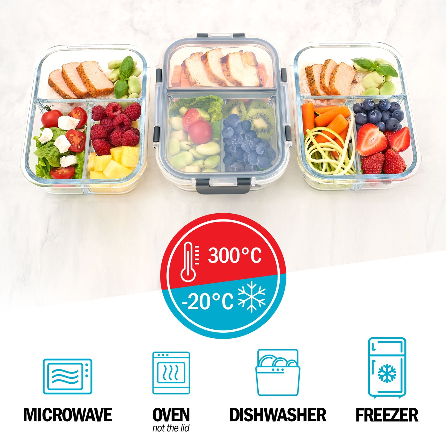 3-Fach-Glas-Behälter für Mahlzeiten mit verschließbaren Deckeln - 3er-Pack