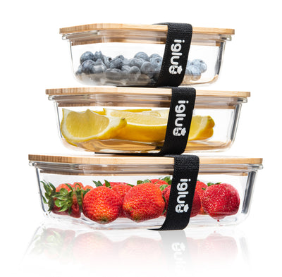 Igluu Meal Prep Glas Lebensmittel Frischhaltedosen (3er Set), Umweltfreundliche Lebensmittelbehälter mit Bambusdeckeln