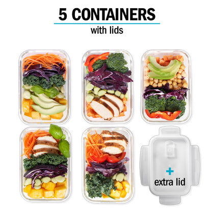 1 Fach Glas Mahlzeit Vorbereitung Container mit Dampf Vent Deckel - 5 Pack + 1 Ersatz-Deckel