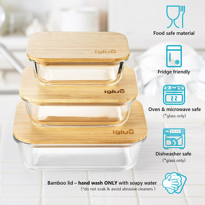 Igluu Meal Prep Glas Lebensmittel Frischhaltedosen (3er Set), Umweltfreundliche Lebensmittelbehälter mit Bambusdeckeln
