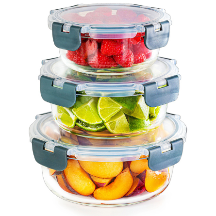Runde Glasbehälter für Mahlzeiten mit verschließbaren Deckeln - 3er-Pack