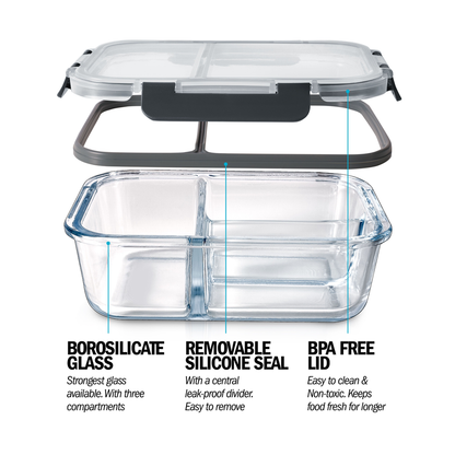 3-Fach-Glas-Behälter für Mahlzeiten mit verschließbaren Deckeln - 3er-Pack