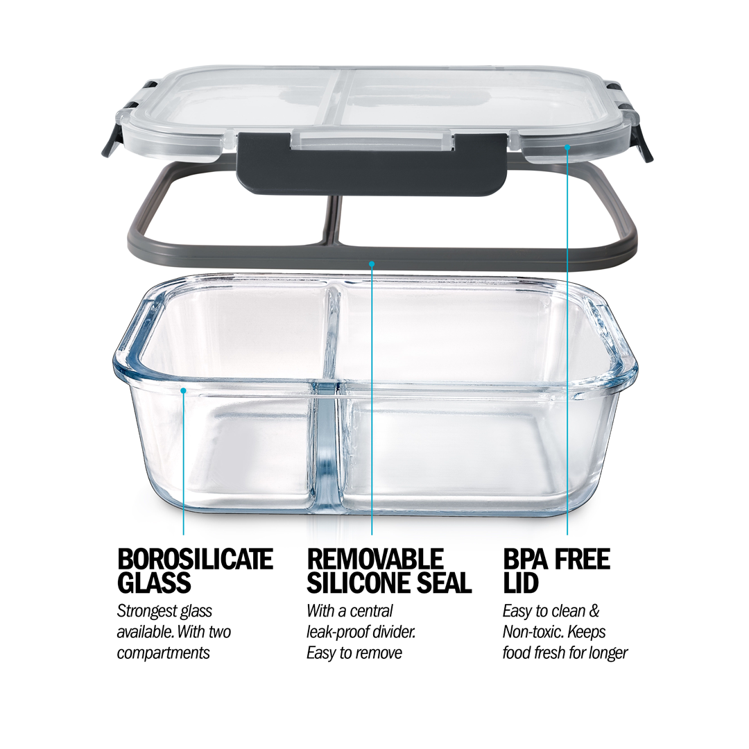 2-Fach-Glasbehälter für Mahlzeiten mit verschließbaren Deckeln - 3er-Pack