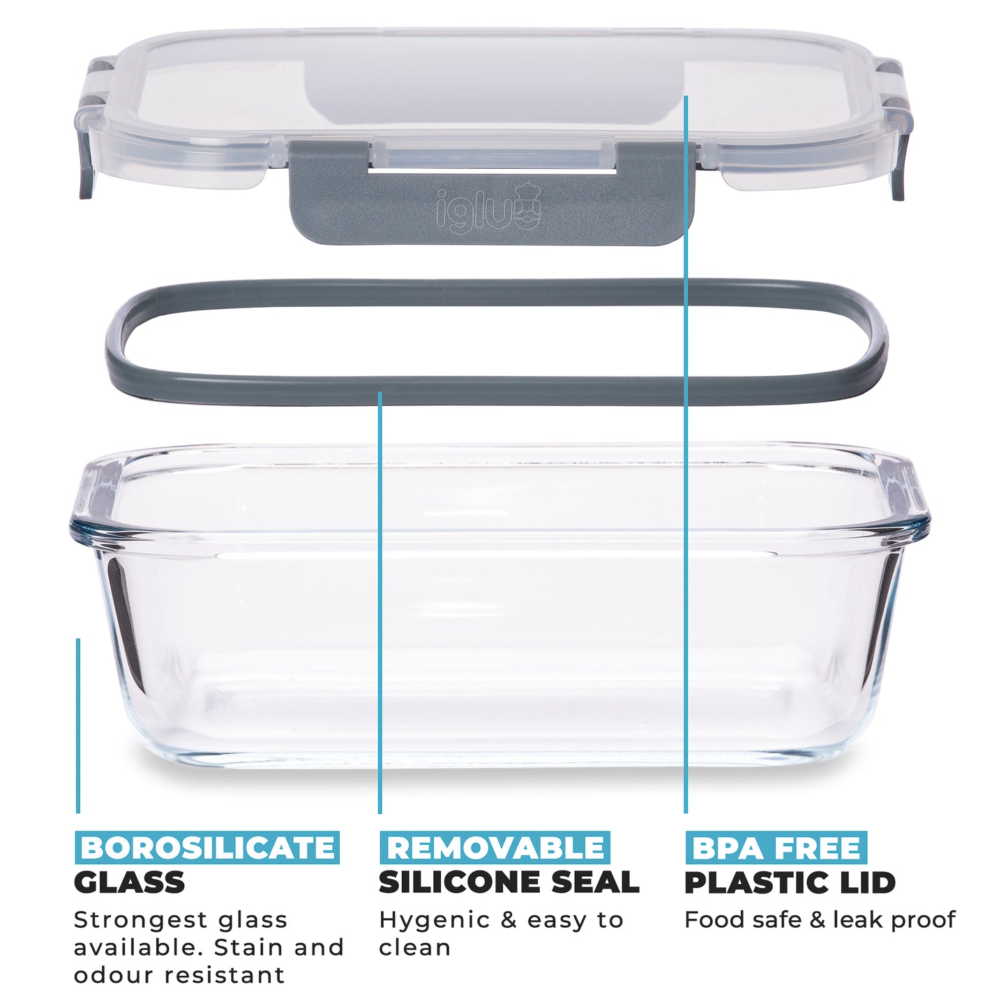 Glasbehälter mit Schnappverschlussdeckel 1050ml - 3er Pack